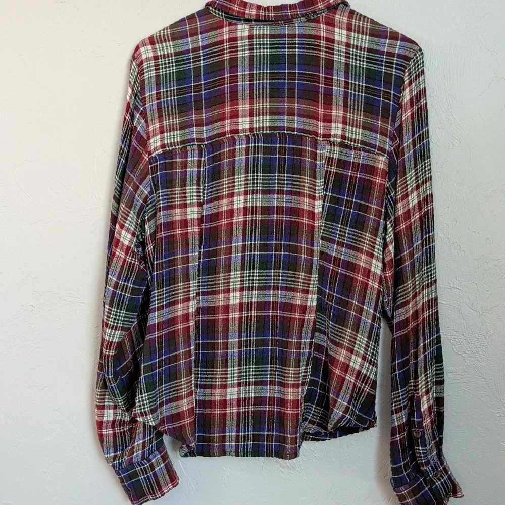 Pilcro Cinched Deep V Plaid Button Down Longsleeve Multicolor Boho Top Size L - Picture 3 of 11